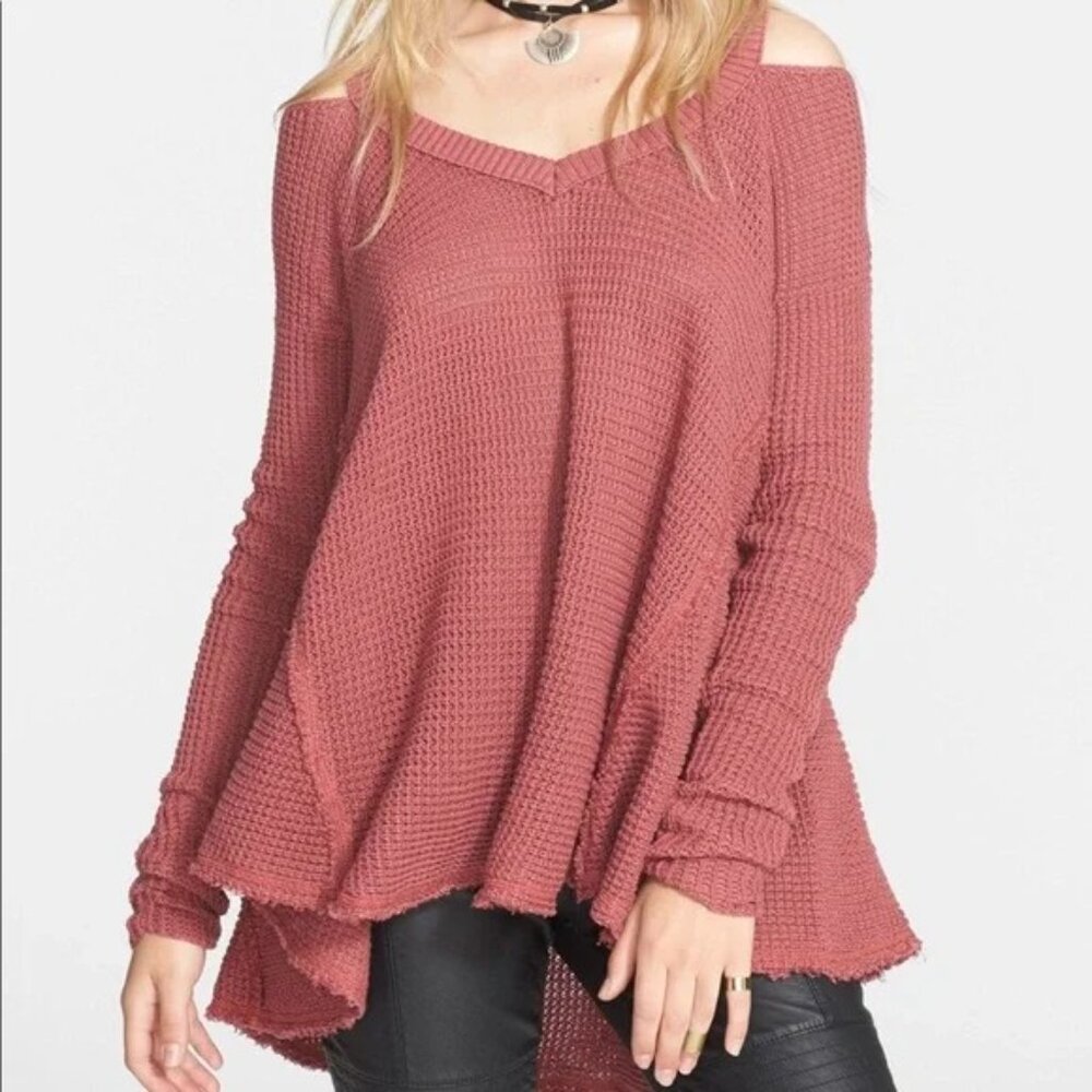 Free People Moonshine Tunic Top Waffle Knit Cotton Dusty Rose Cold Shoulder Sz L - Picture 1 of 7